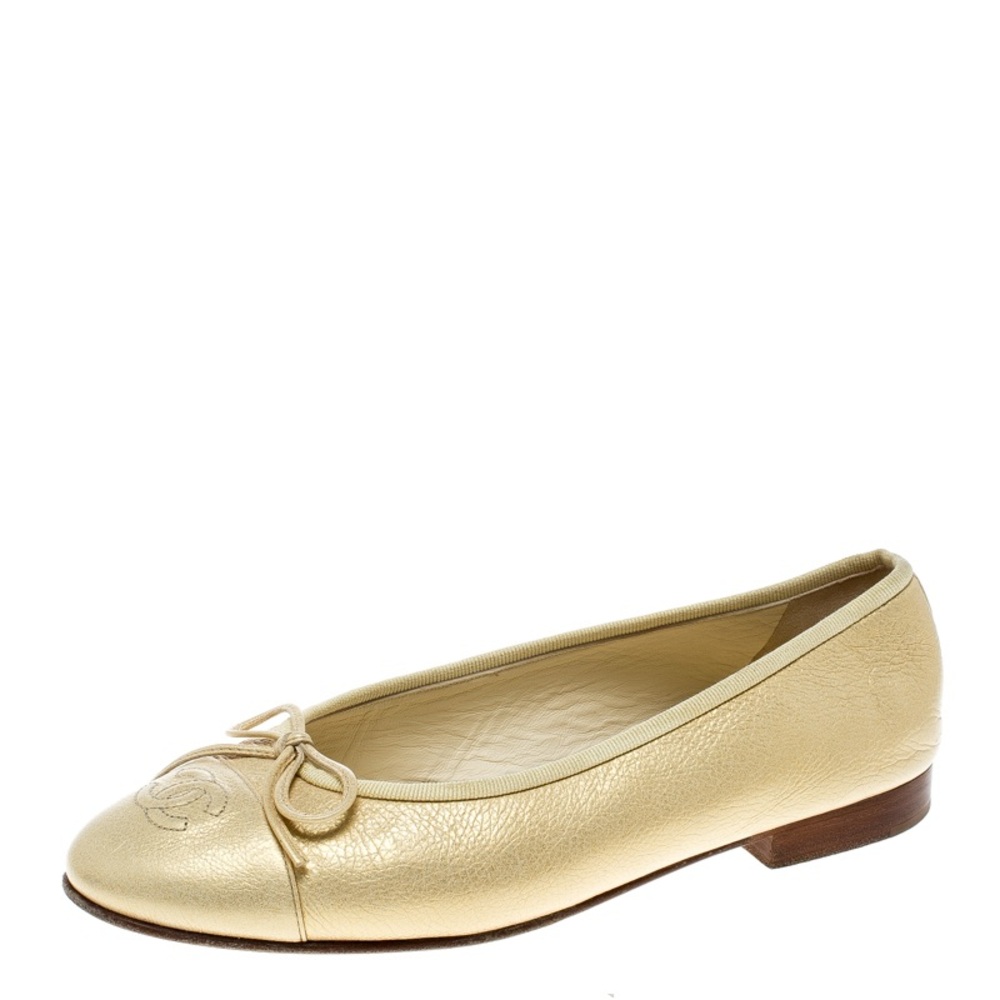 Gold Metallic Ballet Flats with Bow Detail